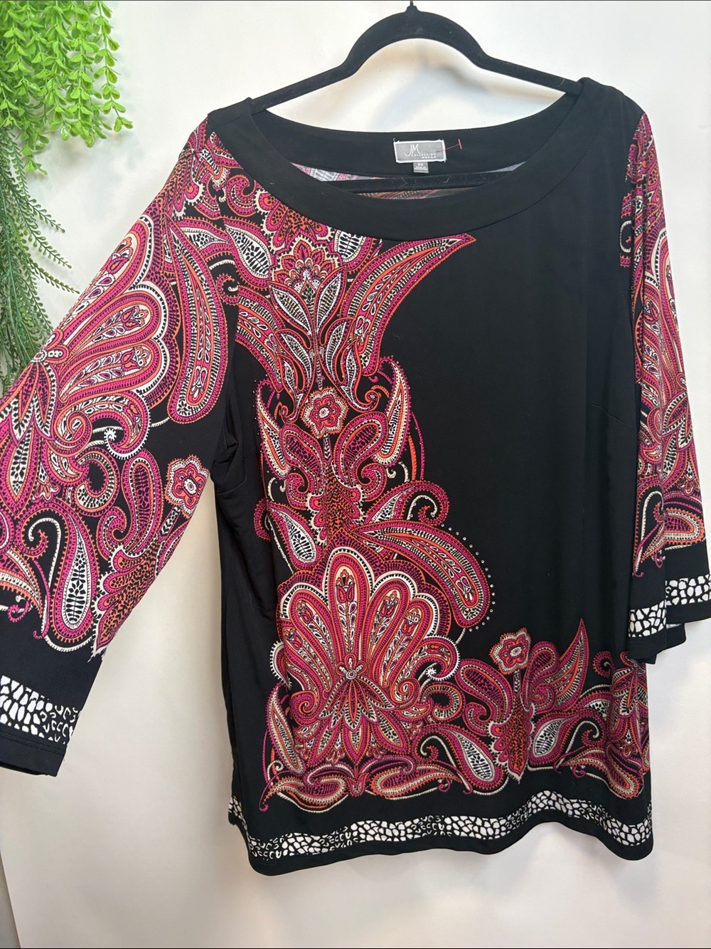 JM Collection Black Top with Pink Paisley Print